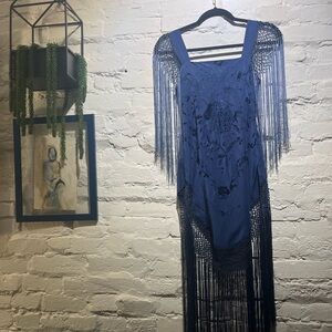 Elegant Blue Midi Dress with Fringe Details